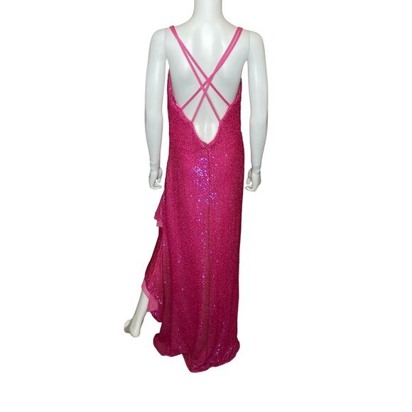 Morgan & Co. Spaghetti Strap V-Neck Ruffle Slit All Over Sequin Slim Gown Sz 13 - Picture 5 of 7